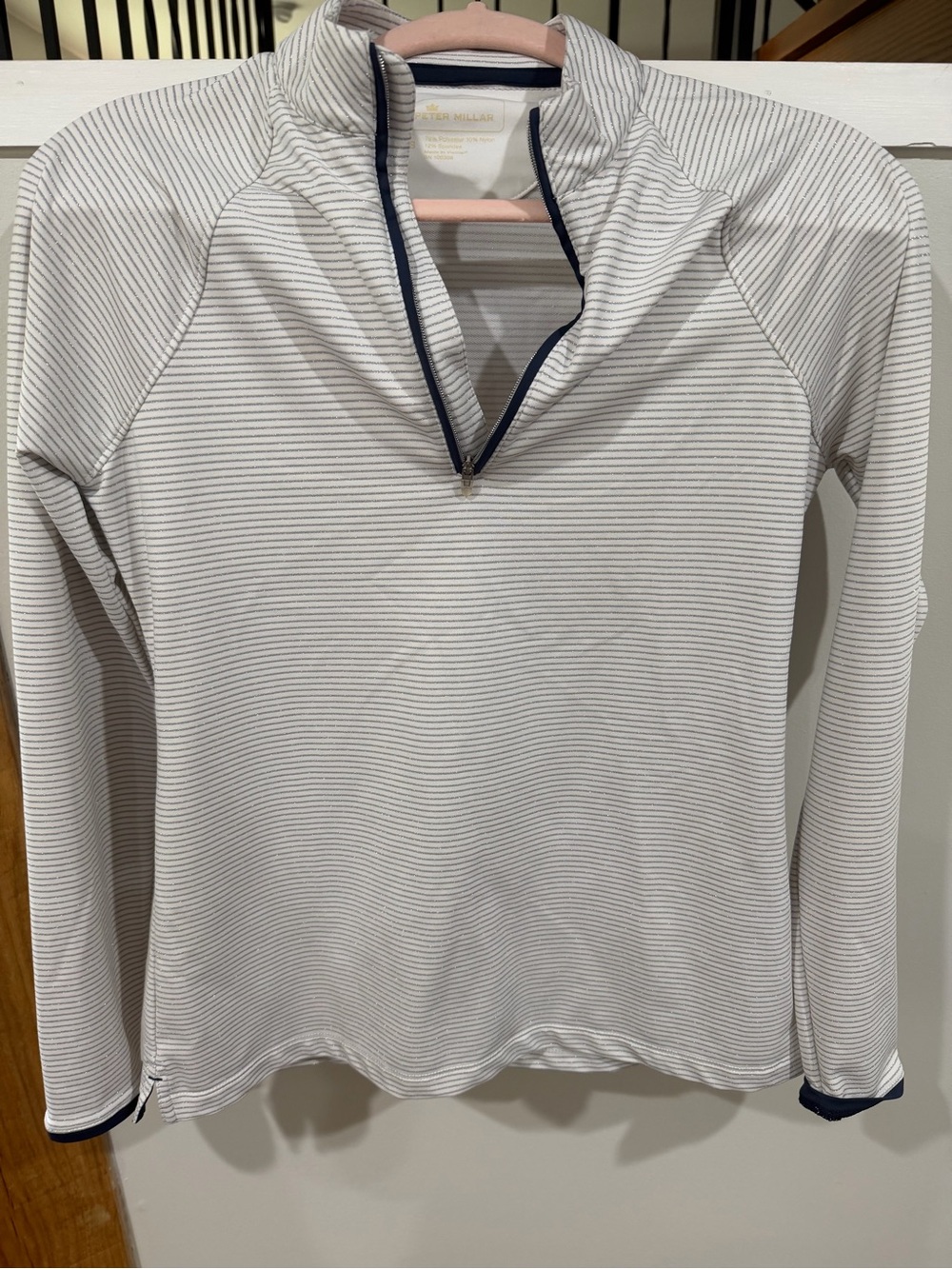 Peter Millar White and Navy Striped Quarter-Zip Pullover